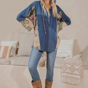 Floral Patchwork Denim Hoodie Top